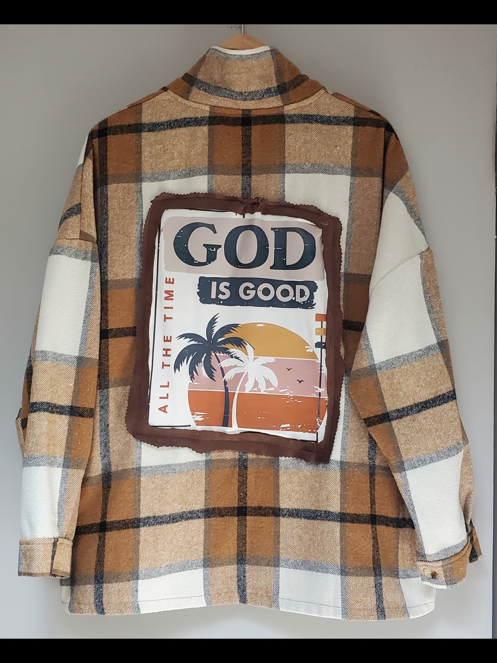 Upcycled Plaid Flannel Jacket with 'God Is Good' Graphic - Brown & Cream